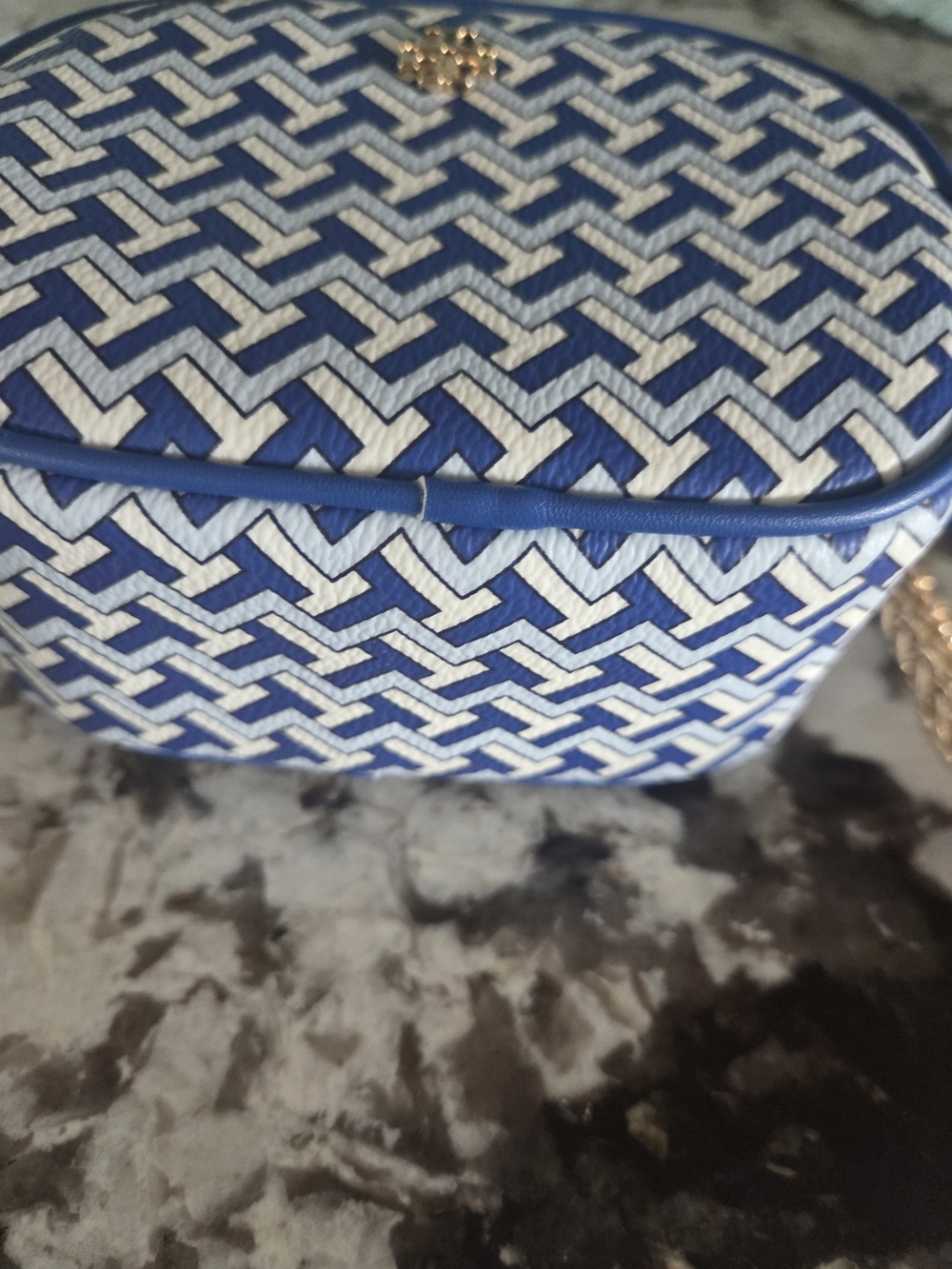Tory Burch Blue & White Patterned Wristlet with Silver Cardholder - Picture 8 of 8